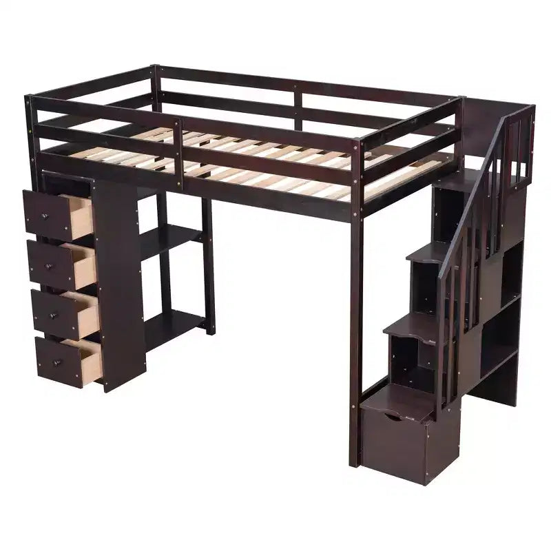 Letto a soppalco singolo in legno con cassetti contenitori, scale e mensole