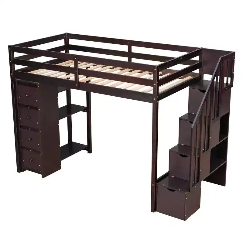 Letto a soppalco singolo in legno con cassetti contenitori, scale e mensole