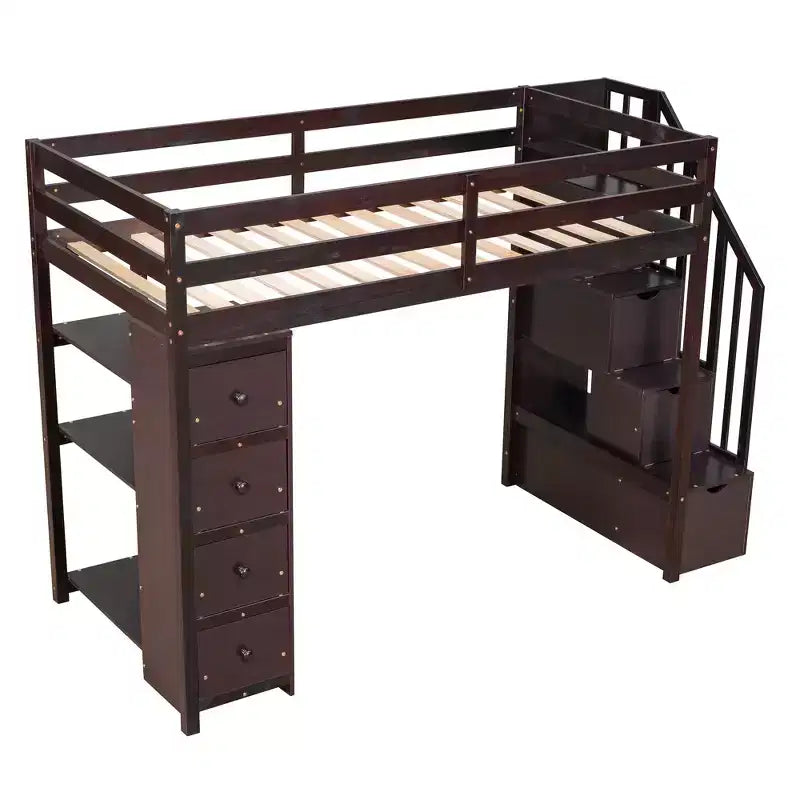 Letto a soppalco singolo in legno con cassetti contenitori, scale e mensole