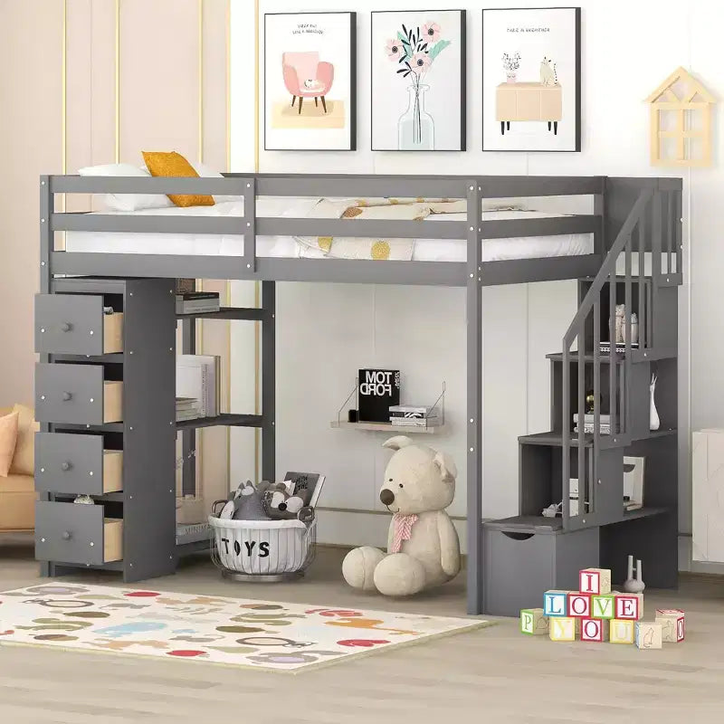 Letto a soppalco singolo in legno con cassetti contenitori, scale e mensole
