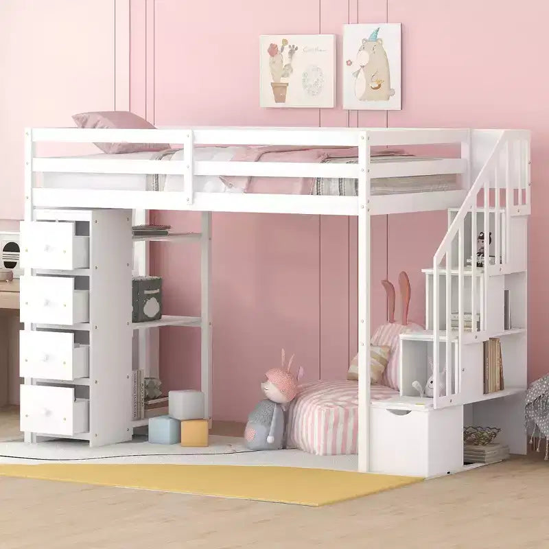 Letto a soppalco singolo in legno con cassetti contenitori, scale e mensole