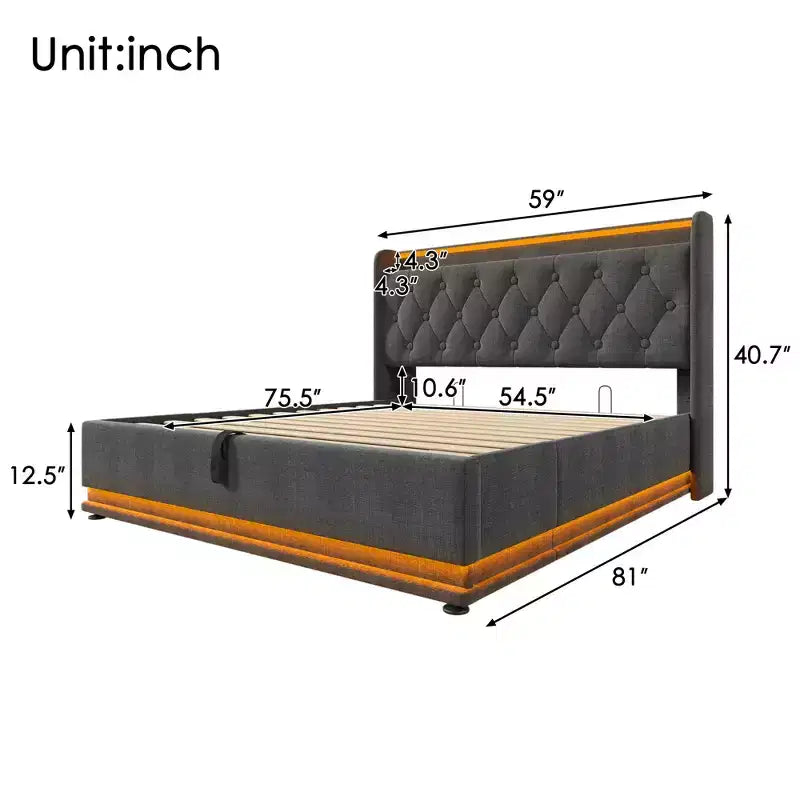 Letto imbottito con base a piattaforma con funzione LED a 360 gradi, Struttura letto imbottita con base a piattaforma con ricarica USB Type-C, Grigio