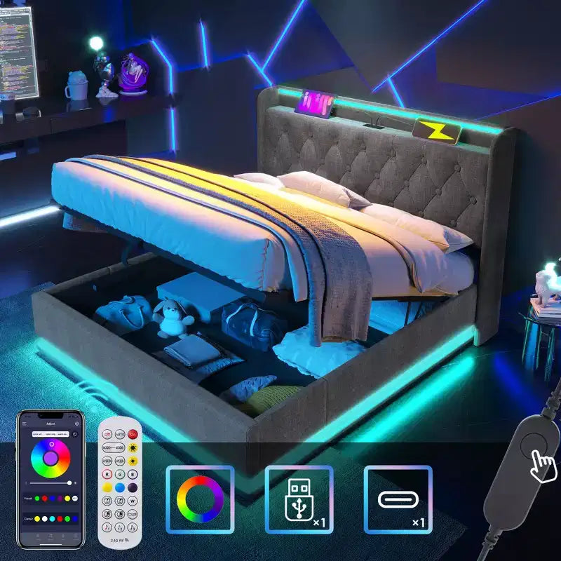 Letto imbottito con base a piattaforma con funzione LED a 360 gradi, Struttura letto imbottita con base a piattaforma con ricarica USB Type-C, Grigio