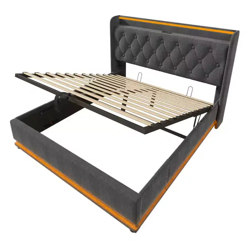 Letto imbottito con base a piattaforma con funzione LED a 360 gradi, Struttura letto imbottita con base a piattaforma con ricarica USB Type-C, Grigio