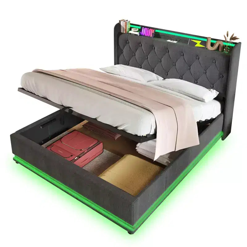 Letto imbottito con base a piattaforma con funzione LED a 360 gradi, Struttura letto imbottita con base a piattaforma con ricarica USB Type-C, Grigio