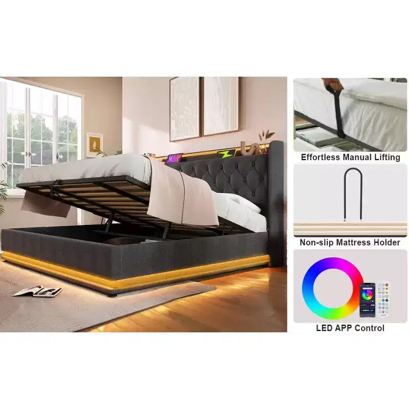Letto imbottito con base a piattaforma con funzione LED a 360 gradi, Struttura letto imbottita con base a piattaforma con ricarica USB Type-C, Grigio