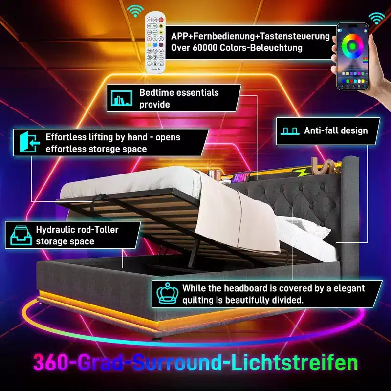 Letto imbottito con base a piattaforma con funzione LED a 360 gradi, Struttura letto imbottita con base a piattaforma con ricarica USB Type-C, Grigio