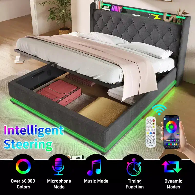 Letto imbottito con base a piattaforma con funzione LED a 360 gradi, Struttura letto imbottita con base a piattaforma con ricarica USB Type-C, Grigio