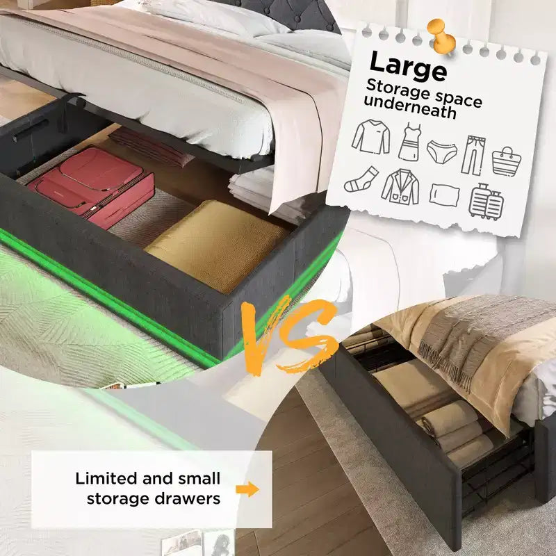 Letto imbottito con base a piattaforma con funzione LED a 360 gradi, Struttura letto imbottita con base a piattaforma con ricarica USB Type-C, Grigio