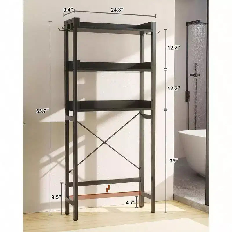Scaffale portaoggetti da bagno da posizionare sopra il WC a 3 ripiani, salvaspazio da terra con 4 ganci, nero
