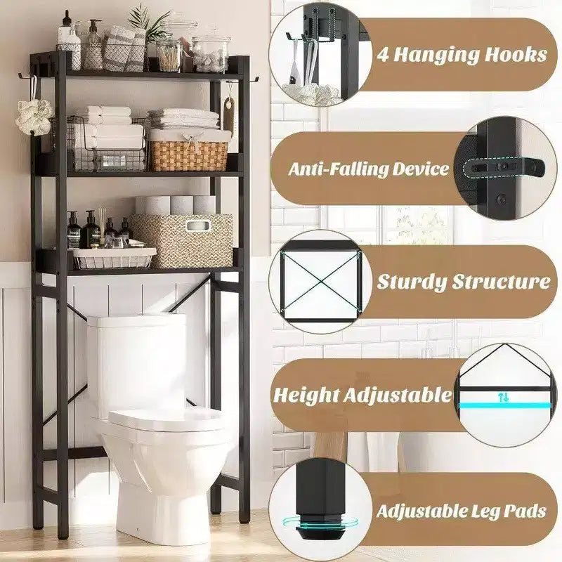 Scaffale portaoggetti da bagno da posizionare sopra il WC a 3 ripiani, salvaspazio da terra con 4 ganci, nero