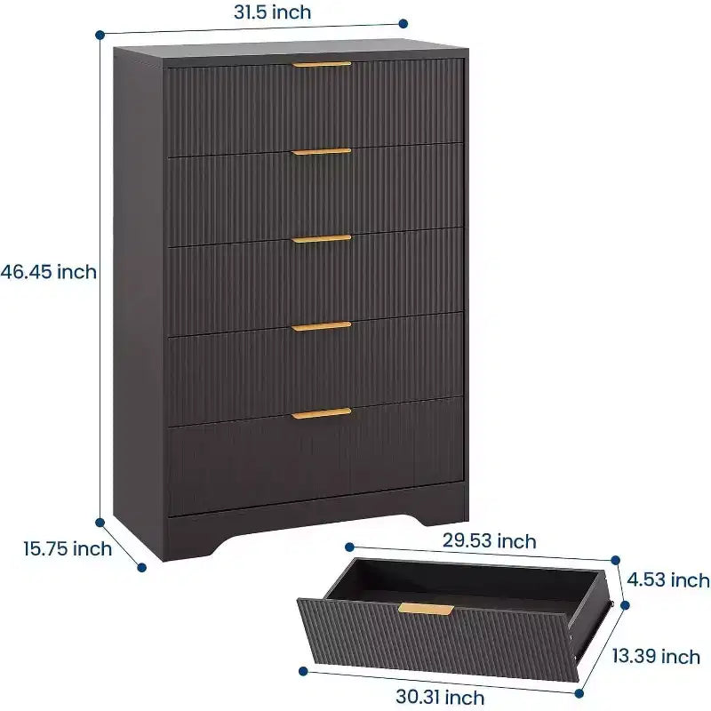 Cassettiera a 5 cassetti scanalata alta 119 cm con maniglie dorate, mobile contenitore con finitura color legno per armadio e ingresso, organizer multiuso