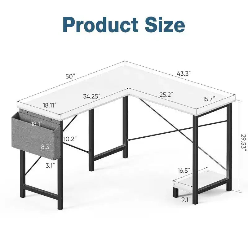 Scrivania angolare a L per computer per gaming e ufficio, scrivania da gaming angolare da 127 cm con supporto CPU e tasca laterale, workstation per ufficio domestico