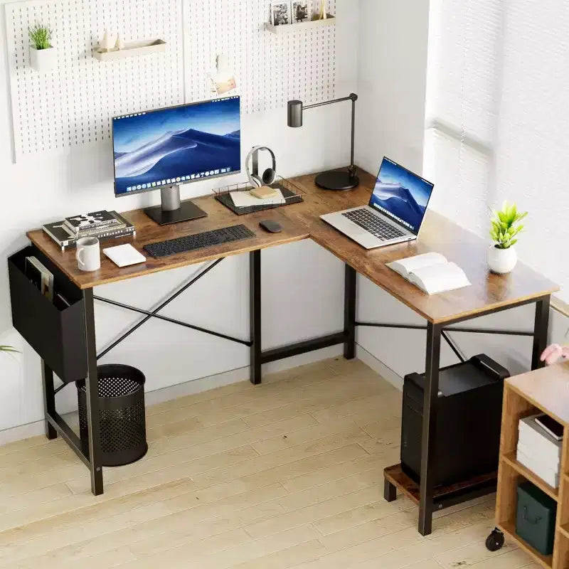 Scrivania angolare a L per computer per gaming e ufficio, scrivania da gaming angolare da 127 cm con supporto CPU e tasca laterale, workstation per ufficio domestico