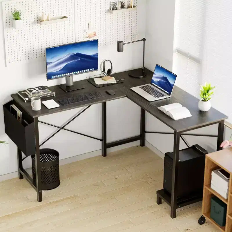 Scrivania angolare a L per computer per gaming e ufficio, scrivania da gaming angolare da 127 cm con supporto CPU e tasca laterale, workstation per ufficio domestico