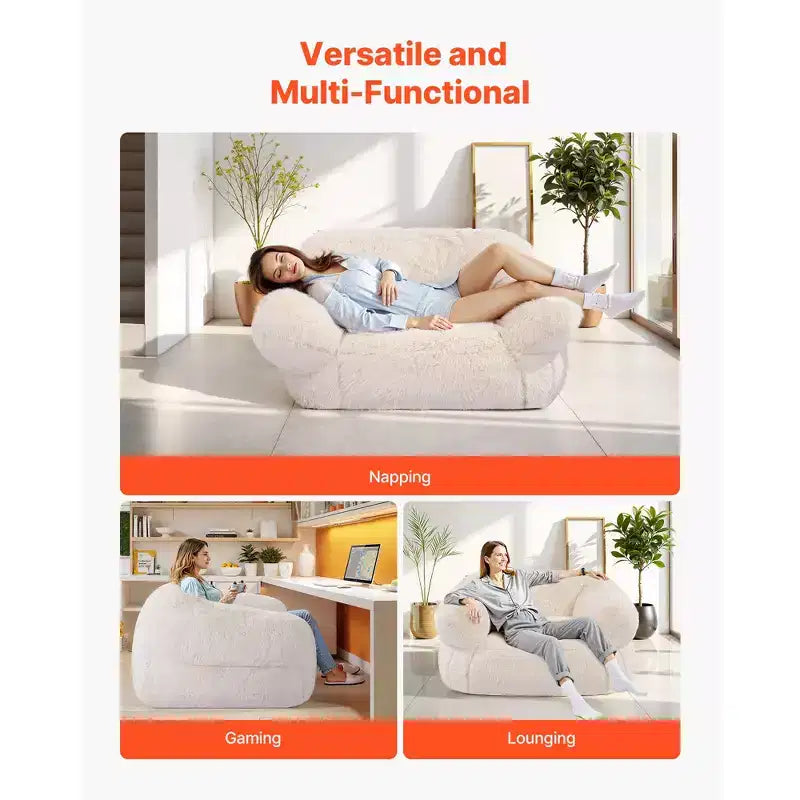 Poltrona sacco, divano a sacco con braccioli per adulti, in soffice peluche e imbottitura in schiuma ad alta densità, poltrona sacco per adulti con cerniera, beige