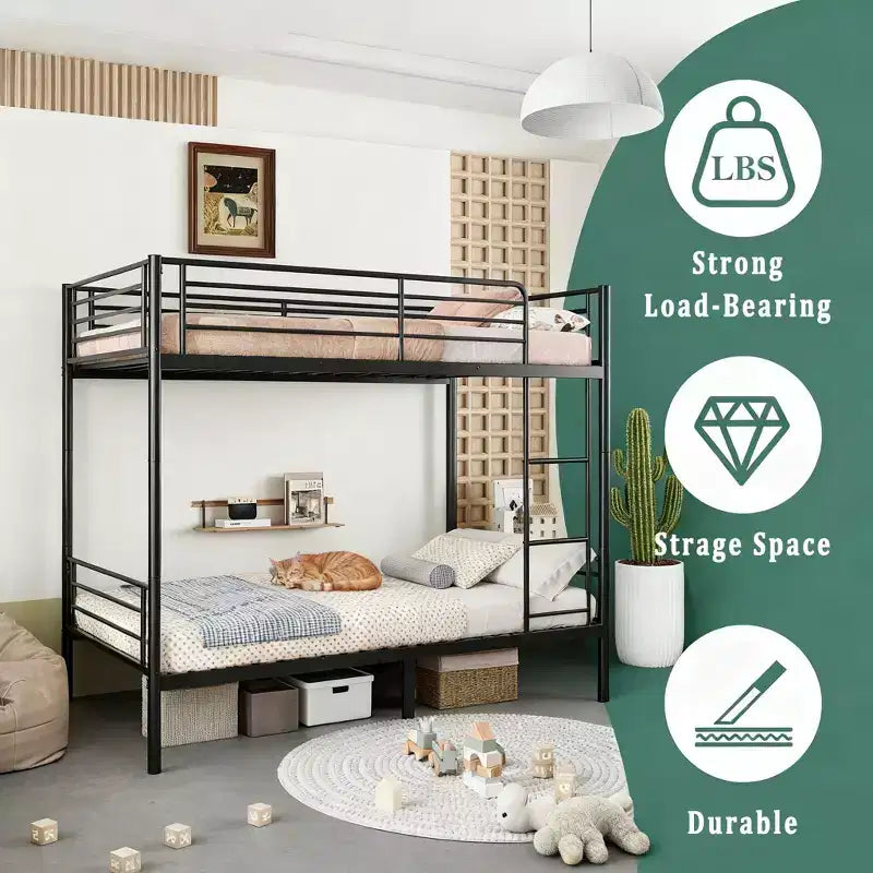 Letto a castello in metallo di dimensioni standard resistente con scalette e sponda alta, struttura letto contemporanea per camera da letto, appartamenti