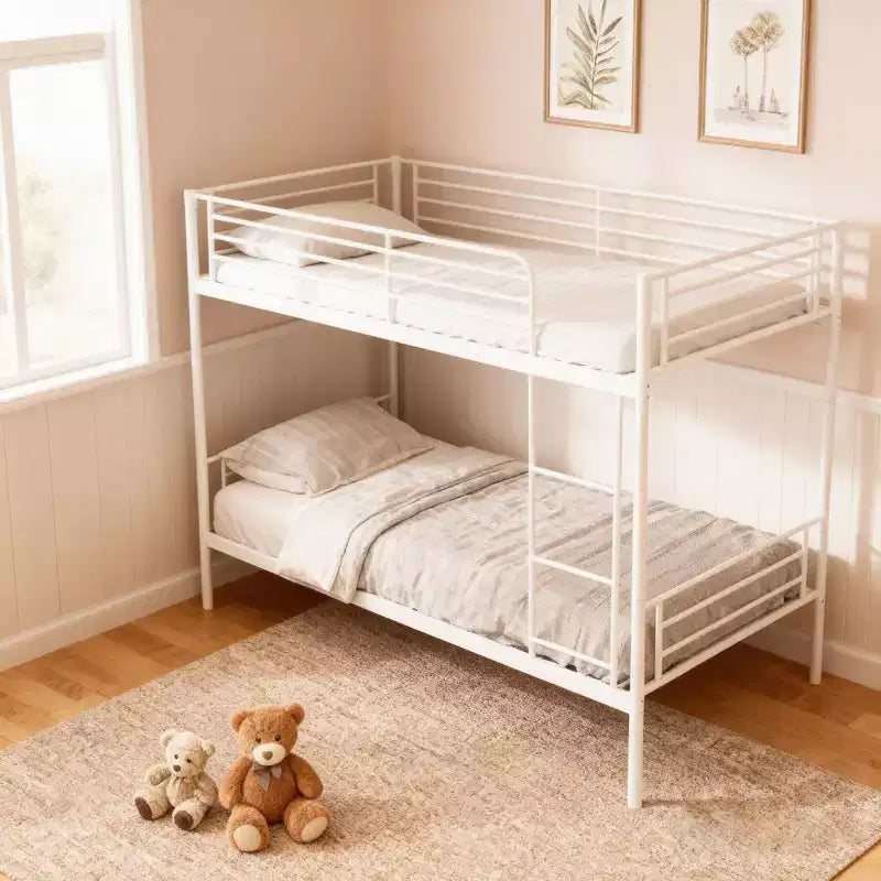 Letto a castello in metallo di dimensioni standard resistente con scalette e sponda alta, struttura letto contemporanea per camera da letto, appartamenti
