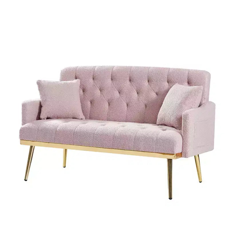 Divanetto imbottito con 2 cuscini, gambe in metallo, divano letto in schiuma per camera degli ospiti, ufficio, soggiorno, tessuto Teddy rosa