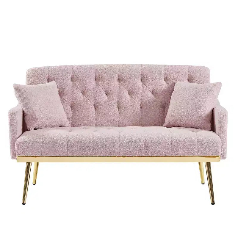 Divanetto imbottito con 2 cuscini, gambe in metallo, divano letto in schiuma per camera degli ospiti, ufficio, soggiorno, tessuto Teddy rosa
