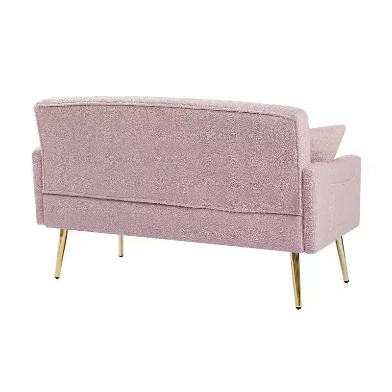Divanetto imbottito con 2 cuscini, gambe in metallo, divano letto in schiuma per camera degli ospiti, ufficio, soggiorno, tessuto Teddy rosa