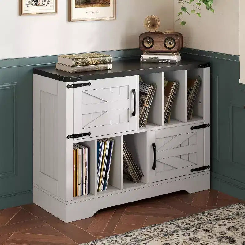 Mobile per dischi in vinile, mobiletto rustico in legno con 2 ante scorrevoli, grande tavolo per giradischi per soggiorno o camera da letto