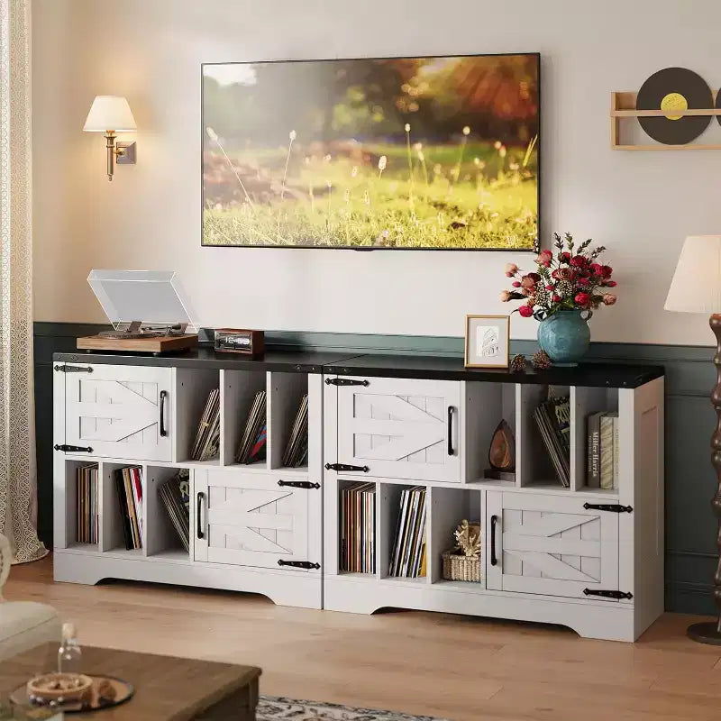 Mobile per dischi in vinile, mobiletto rustico in legno con 2 ante scorrevoli, grande tavolo per giradischi per soggiorno o camera da letto