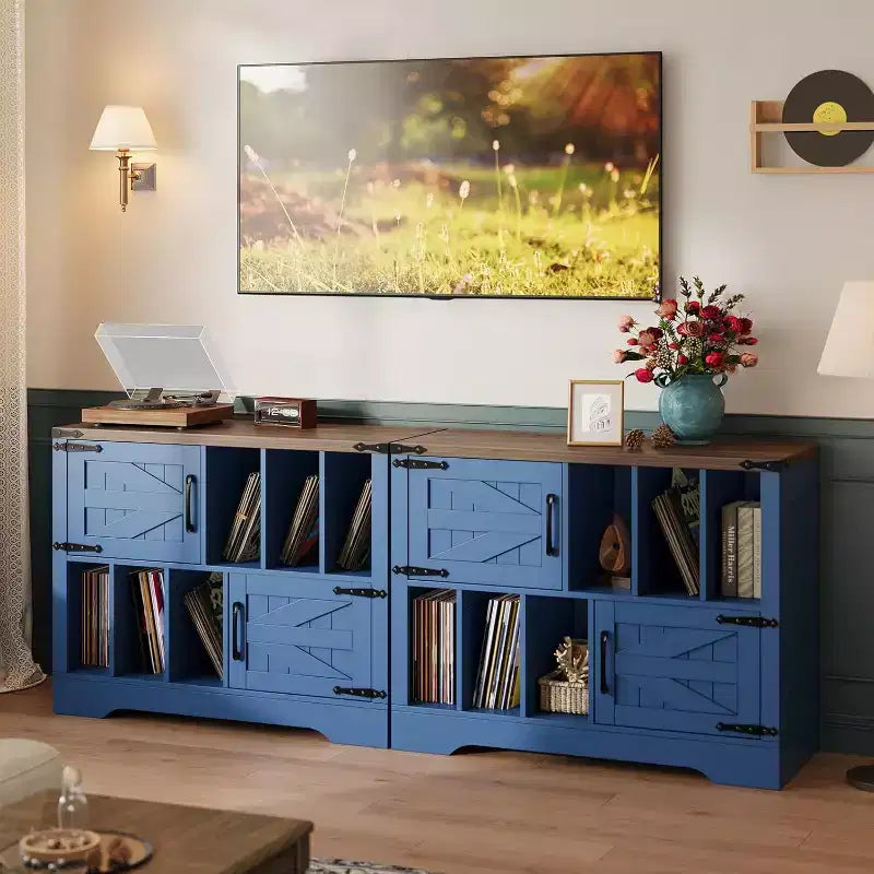 Mobile per dischi in vinile, mobiletto rustico in legno con 2 ante scorrevoli, grande tavolo per giradischi per soggiorno o camera da letto