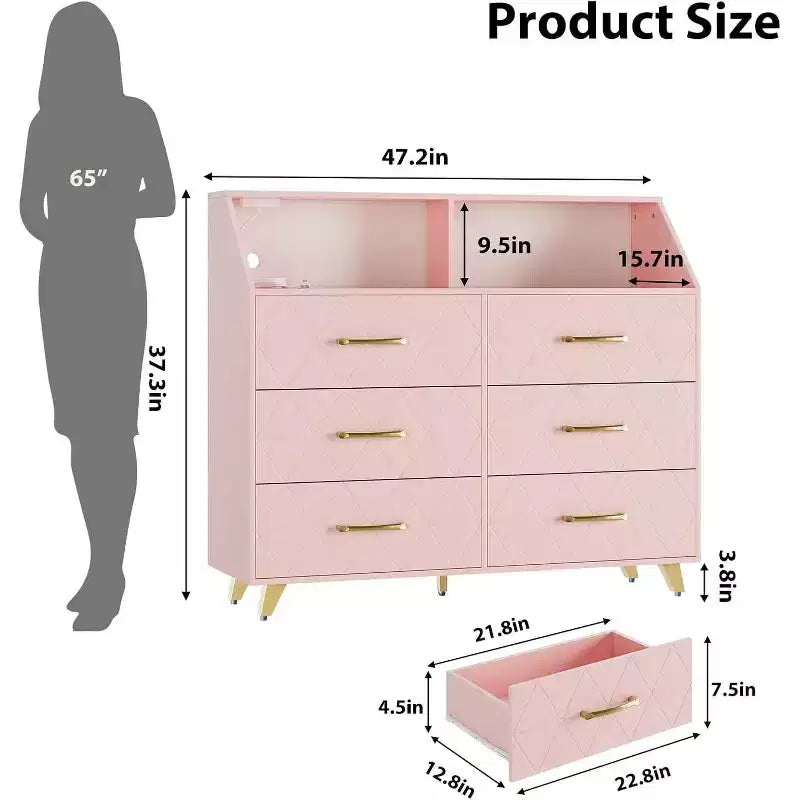 Cassettiera a 6 cassetti con stazione di ricarica, frontale geometrico e gambe dorate, mobile contenitore moderno per camera da letto, soggiorno, ingresso