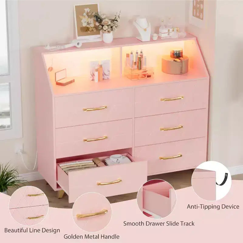 Cassettiera a 6 cassetti con stazione di ricarica, frontale geometrico e gambe dorate, mobile contenitore moderno per camera da letto, soggiorno, ingresso
