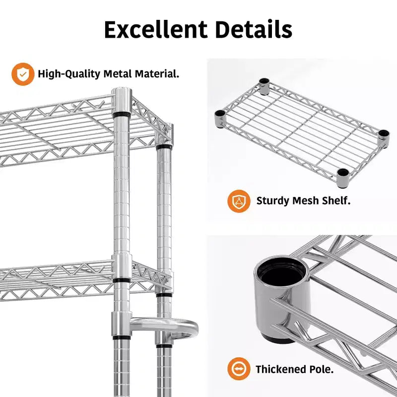 Scaffale metallico a 5 ripiani con ruote e maniglia, scaffale in filo metallico regolabile per cucina, garage o dispensa, capacità 500 kg, colore argento
