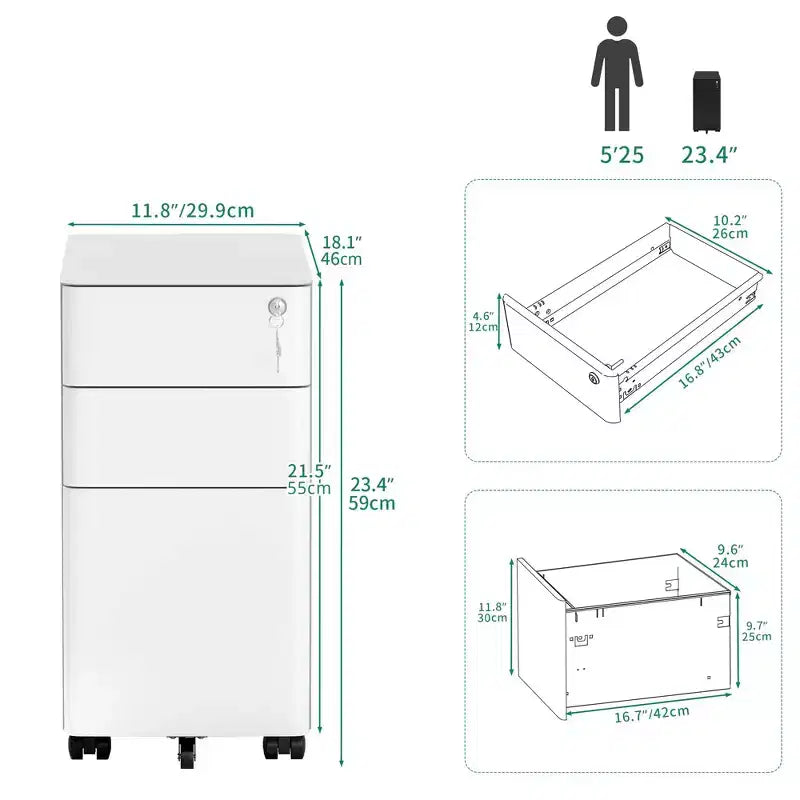 Cassettiera mobile a 3 cassetti con serratura - Design completamente in acciaio anti-ribaltamento, cassetti poco profondi + profondi, bianca per ufficio/casa (adatta per A4/Letter)